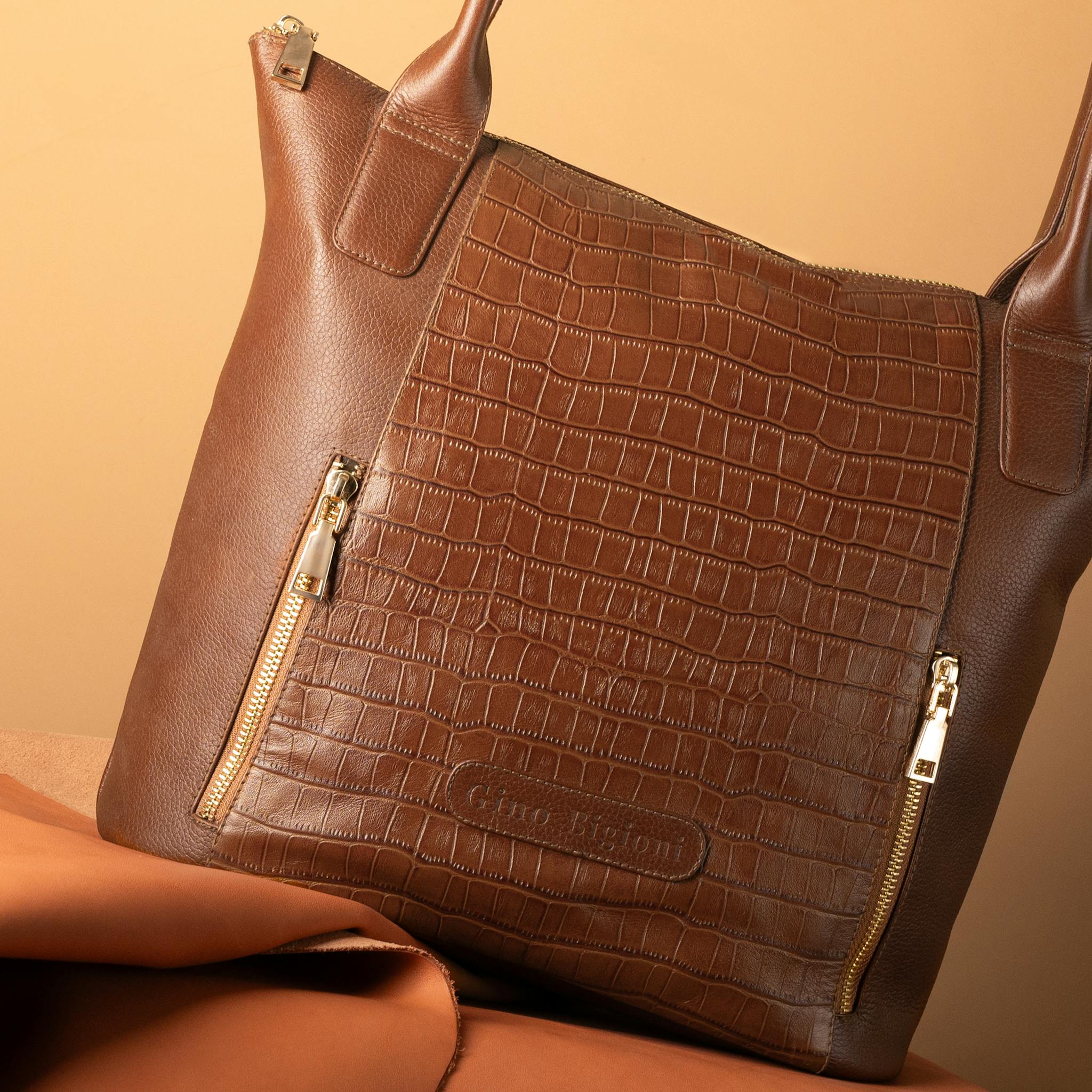 Elegant brown leather handbag with a stylish crocodile pattern, perfect for upscale fashion.