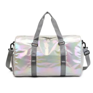 H018 Factory Customize Waterproof Pearlescen Travel Bag Laser Overnight Duffle Tote Bag Metallic Gym Yoga Bag With Shoe Pocket