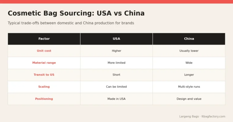 Cosmetic Bag Sourcing: USA vs China – Cosmetic Bag Manufacturer in the USA vs China: Cost, MOQ and Lead Time Trade-offs