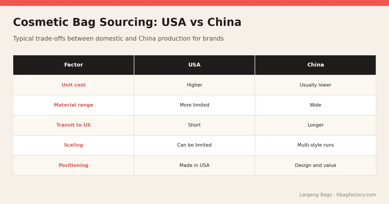 Cosmetic Bag Sourcing: USA vs China – Cosmetic Bag Manufacturer in the USA vs China: Cost, MOQ and Lead Time Trade-offs