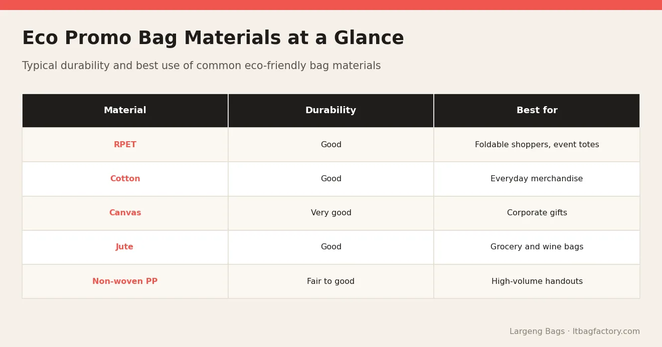 Eco Promo Bag Materials at a Glance – Eco-Friendly Promotional Bags: RPET, Jute, Cotton and Non-Woven Compared
